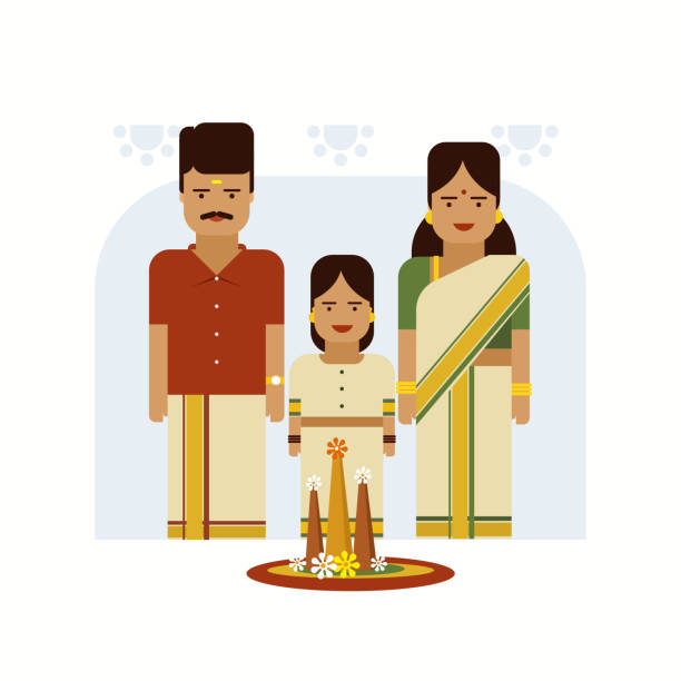 Traditionally dressed family do floral designs on floor. Concept of Onam festival in Kerala Traditionally dressed family do floral designs on floor. Concept of Onam festival in Kerala pookalam stock illustrations