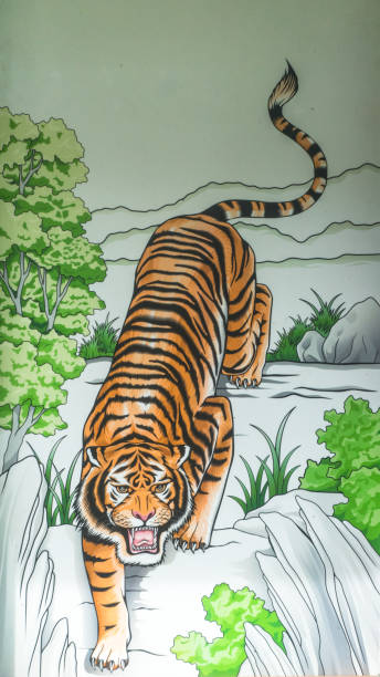 istock Tiger art painting on glass mirror background 1589305249