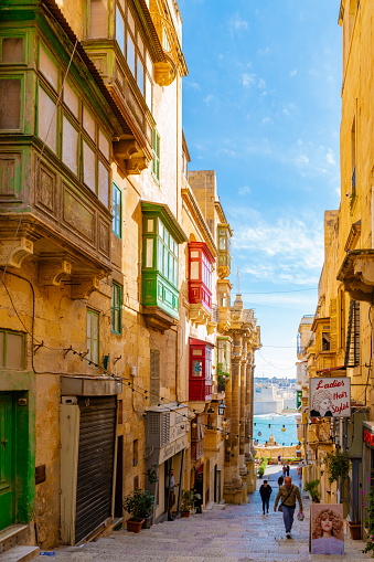 Malta December 2017, Colorful Streets of Valletta Malta, City trip at the capital of Malta with Streets full of color balconies during winter