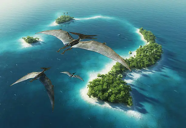 Dinosaurs flies over paradise tropical island. See more island illustrations in my portfolio.