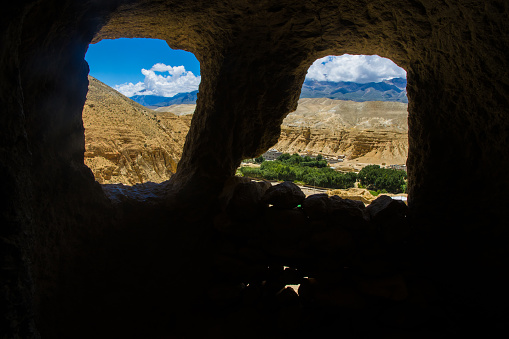 A look inside of Man Made Jhong Cave in Chhoser Village of Upper Mustang in Nepal