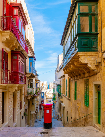 Colorful Streets of Valletta Malta, City trip at the capital of Malta with Streets full of color balconies at the historical center