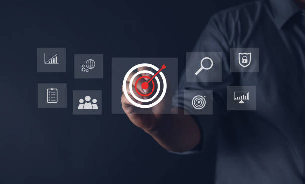 istock Digital marketing set with business network icons and technology goals 1589339727