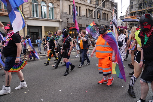 London streets display inclusive pride flags representing the trans and intersex communities. This vibrant scene was captured as a stock photo of Pride in London in 2023. On Saturday, July 1st, 2023, the city of London, England witnessed the spirited Pride in London - LGBT+ Parade and street marches, which took place in multiple central London locations. The event drew massive crowds in the capital city, uniting all the LGBT+ communities and individuals in a joyous celebration. These memorable moments were captured by Can Aksoy, a London-based photographer and photojournalist.