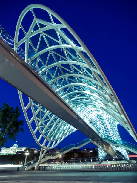 istock Modern bridge in Tbilisi illuminated at night, Georgia 1589342376