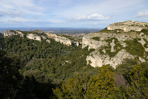 Massive rock formation in the Alpilles (Provence, France) on a sunny day in springtime