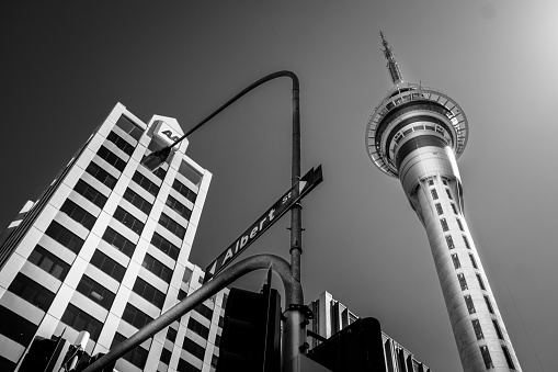 Sky Tower and street scene in black and white in New Zealand