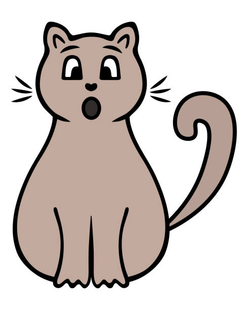 Kitty. Brown cat with a surprised muzzle. Mustachioed animal with tail raised up. Cartoon style. Kitty. Brown cat with a surprised muzzle. Color vector illustration. Mustachioed animal with tail raised up. Cartoon style. Cute pet. Isolated background. Idea for web design. cat muzzle meowing cartoon stock illustrations