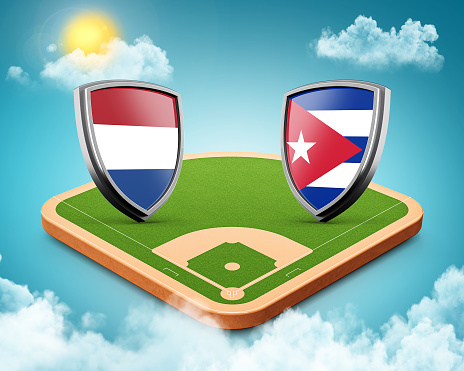 3d Netherlands Versus Cuba Shield Icons On Baseball Stadium With Green Grass Field, 3d illustration