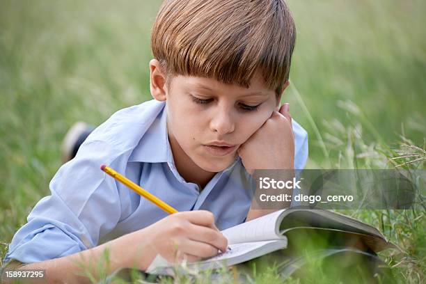 Young School Boy Doing Homework Alone Lying On Grass Stock Photo - Download Image Now