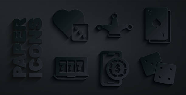 istock Set Online poker table game, Playing card with spades, slot machine jackpot, Game dice, Joker playing and icon. Vector 1589373542
