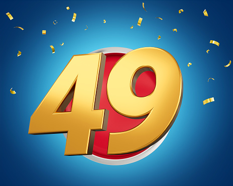 Gold Number 49 Gold Number Forty Nine On Rounded Red Icon with Particles, 3d illustration