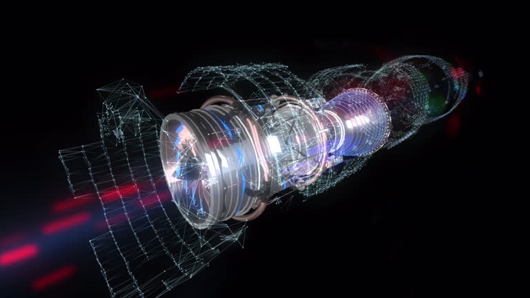 3D model detailed silhouette of generated engineering turbine. Aircraft Engine wireframe animation. Technology rotation and scanning.