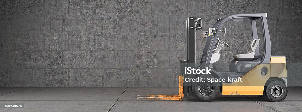 Forklift truck standing on industrial concrete wall background 3D illustration of Forklift truck standing on industrial dirty concrete wall background. See more forklifts in my portfolio. Forklift Stock Photo