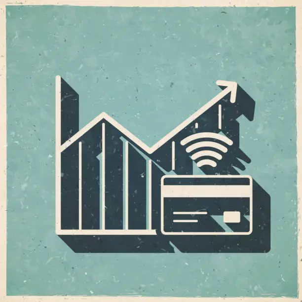 Vector illustration of Chart of increased contactless payment. Icon in retro vintage style - Old textured paper