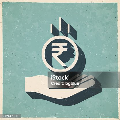 istock Indian rupee coin falling in hand. Icon in retro vintage style - Old textured paper 1589390801