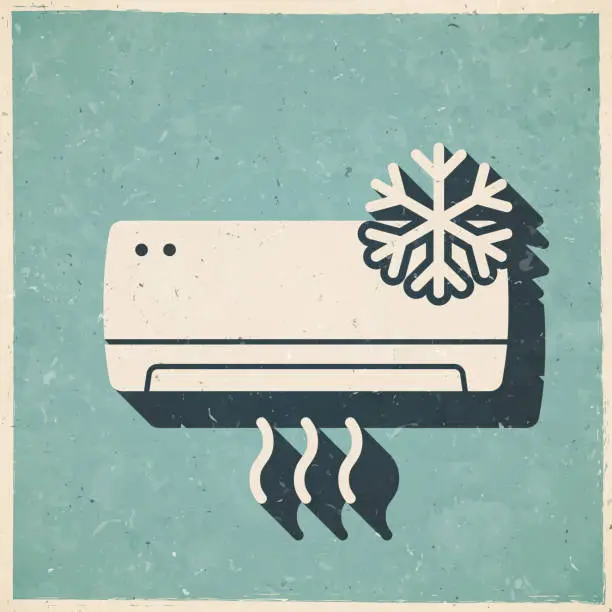 Vector illustration of Air conditioner with snowflake. Icon in retro vintage style - Old textured paper