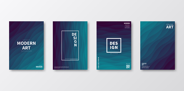 Set of four vertical brochure templates with modern and trendy backgrounds, isolated on blank background. Fluid abstract illustrations with wave shapes and beautiful color gradient (colors used: Green, Blue, Purple, Black). Can be used for different designs, such as brochure, cover design, magazine, business annual report, flyer, leaflet, presentations... Template for your own design, with space for your text. The layers are named to facilitate your customization. Vector Illustration (EPS file, well layered and grouped). Easy to edit, manipulate, resize or colorize. Vector and Jpeg file of different sizes.