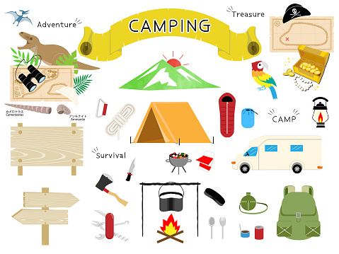 camp,
survival,
Illustrated adventure
set.