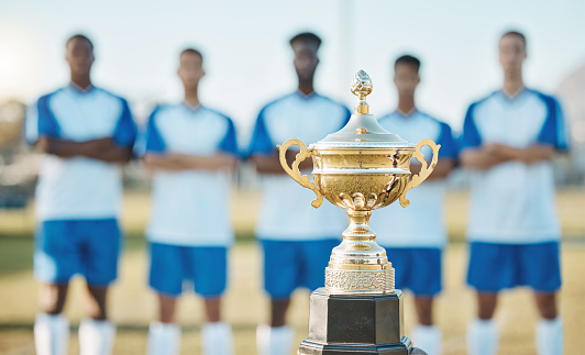 Soccer team, trophy and sports tournament for winning challenge, teamwork or event on the field outdoors. Gold award, championship or prize with group standing ready in football competition or league