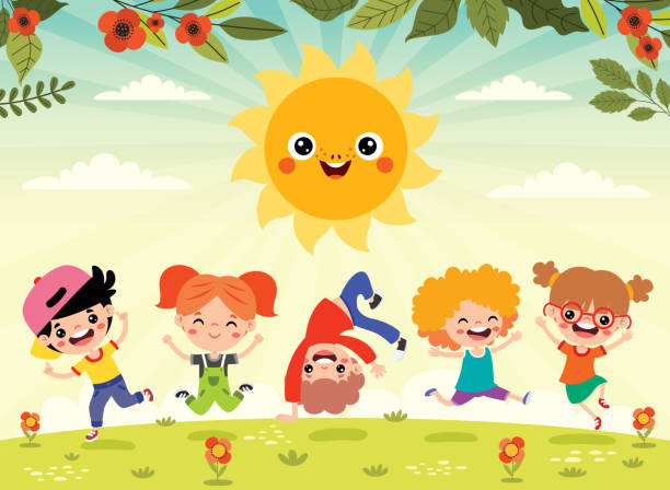 ilustrações de stock, clip art, desenhos animados e ícones de kids playing at nature with sun - humor book fun human age