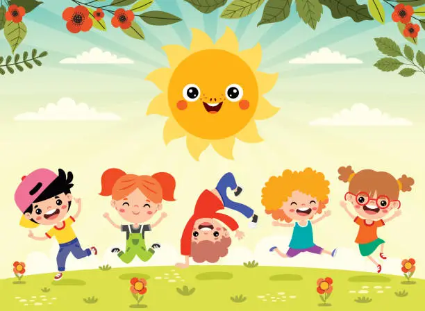 Vector illustration of Kids Playing At Nature With Sun