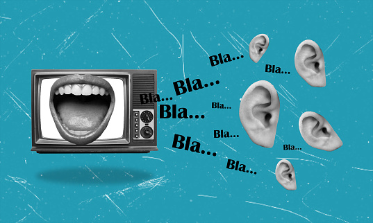Warning. Contemporary art collage. Screaming mouth from TV to ears on blue background. Concepts of art, surrealism, news, sales, information, and discounts. A place for ad copy