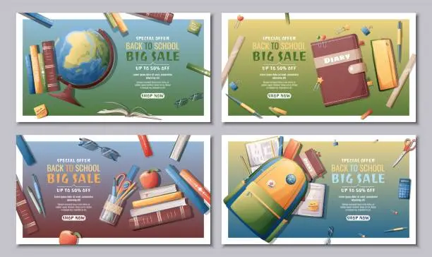 Vector illustration of Banner design set with textbooks, backpack, globe, books, stationery. School time, back to school, education.Concept web design, website page