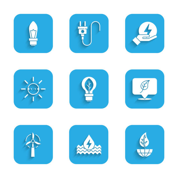 ilustrações de stock, clip art, desenhos animados e ícones de set light bulb with leaf, water energy, earth globe and, location, wind turbine, solar panel, lightning bolt and icon. vector - drop solar panel symbol leaf