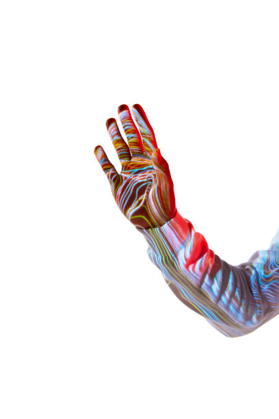 istock Invisible touch. Male hand with colorful neon stripes reflection against white background in neon light 1589449596