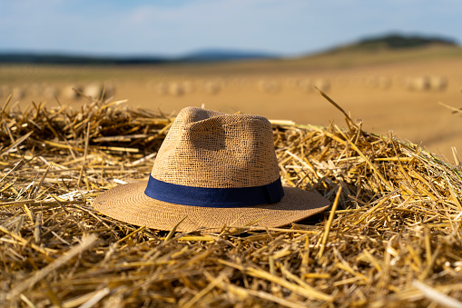 Straw hat with white ribbon and bow