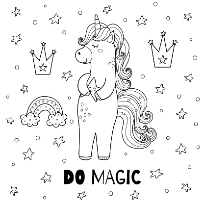 Do Magic black and white print for kids with a cute unicorn. Coloring page with a magic horse and text. Great for t shirt, greeting cards, apparel. Vector illustration