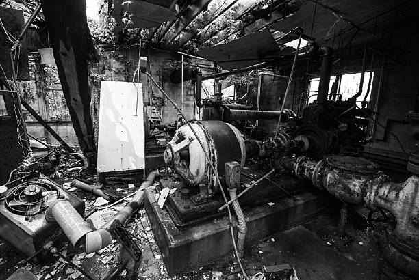 Destroyed Pumphouse in Black and White stock photo