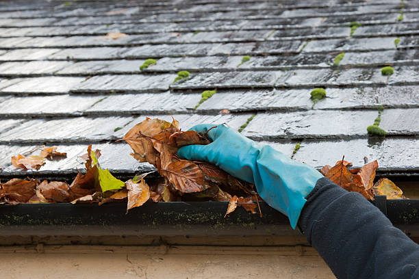clearing autumn gutter blocked with leaves by hand - çatı oluğu stok fotoğraflar ve resimler