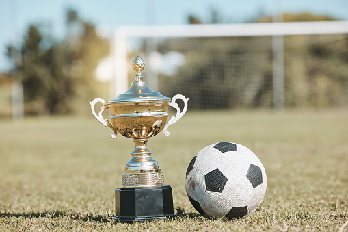 Win, field and football and trophy for sports, game award and achievement in a contest. Fitness, grass and a prize or reward for soccer competition, championship or celebration of a goal at a stadium
