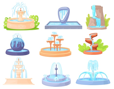 Cartoon decorative fountains. Outdoor isolated fountain with water jet or cascade bowl waterfalls, summer ornament decor for garden or city architecture, neat vector illustration