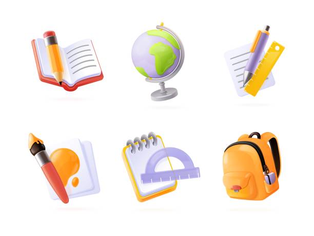 istock 3d school supplies. Render studying tools, childish schools student or office stationery notebook pencil eraser pen paper book backpack, isometric icon exact vector illustration 1589496871