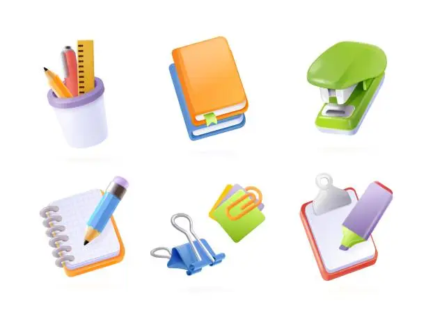 Vector illustration of Render office tools. 3d isometric table stationery, school study tool or finance company supplies for management order