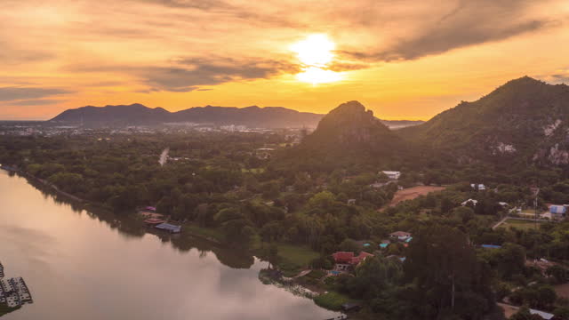 Aerial footage with a drone Beautiful scenery in the morning of the River Kwai, Kanchanaburi, Thailand