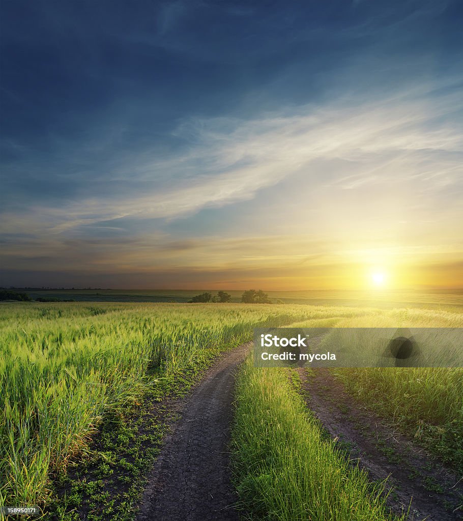 dramatic sunset over dirty road to horizon Sunset Stock Photo