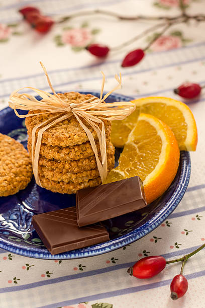 oat biscuit with chocolate stock photo