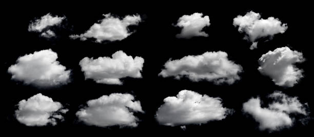 istock Clouds set isolated on black background. White cloudiness, mist or smog background. Design elements on the topic of the weather. White cloud collection. 1589504975