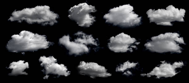 istock Clouds set isolated on black background. White cloudiness, mist or smog background. Design elements on the topic of the weather. White cloud collection. 1589506062