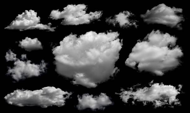 istock Clouds set isolated on black background. White cloudiness, mist or smog background. 1589508352