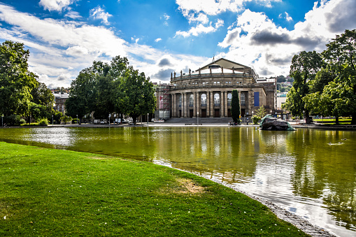 Grassland Park And Pond Bordering Staatstheater In Stuttgart, Germany