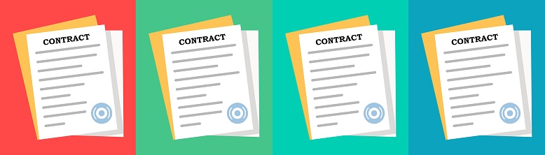 Contract icon set. Legally enforceable document, mutual obligations, formal arrangement, contractual terms, legal obligations Vector line icon for Business and Advertising
