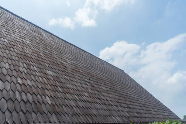 istock Roof shingles flat rectangular shapes ulin iron wooden material rooftop traditional culture architecture Indonesia with clear blue sky 1589530320