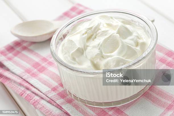 A Bowl Of Sour Cream On A Checkered Kitchen Towel Stock Photo - Download Image Now - Creme Fraiche, Yogurt, Crowded