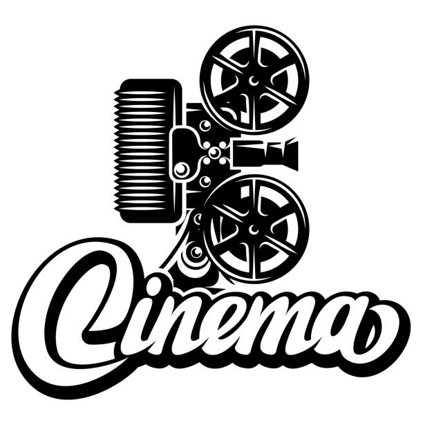 istock Film projector in retro style and calligraphic inscription cinema at the bottom. Vector monochrome illustration. Editable template for design 1589548176