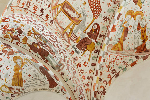 Biblia pauperum style - Frescos in Danish Chuch For many generations, Fanefjord Church's frescos - Biblia pauperum style - were hidden under a covering of plaster. From 1932 to 1934 the frescos were painstakingly uncovered under the guidance of the National Museum. hott stock pictures, royalty-free photos & images